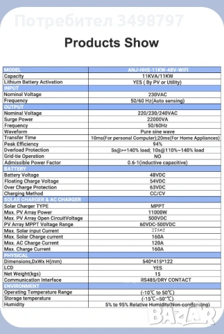 Нов хибриден ивертор ANENJI-11KW-48V 220AC, снимка 3 - Друга електроника - 54412455