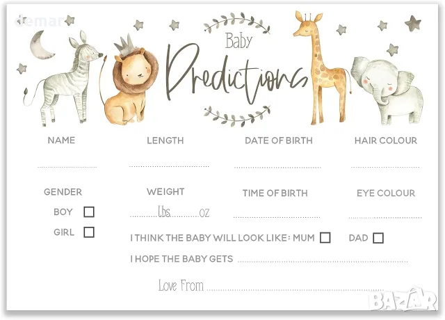 Дизайнерски картички Baby Predictions за попълване (име, рожд. дата, тегло) 50 бр Baby Shower