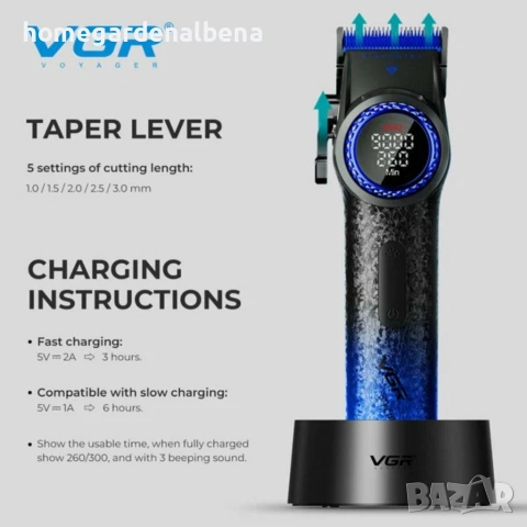 Професионална машинка за подстригване VGR PRO V-001 Blue Edition 3109, снимка 2 - Фризьорски принадлежности - 54076134