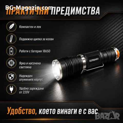 Джобен ръчен акумулаторен LED фенер зареждаща се батерия 18650 за къмпинг лов риболов палатка мощен, снимка 3 - Къмпинг осветление - 51027682