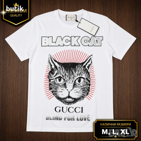 Gucci Black Cat бяла мъжка тениска – M, L, XL