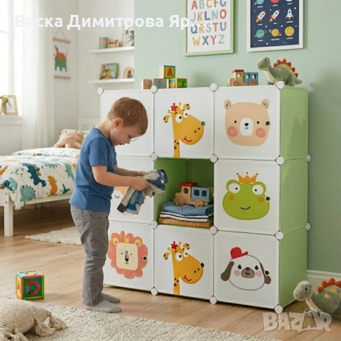 Детски модулен гардероб 9 модула – Зелен шкаф за играчки, дрехи и обувки, снимка 4 - Гардероби - 54643217