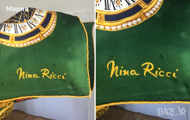 Nina Ricci Голям Дамски Шал от 100% Коприна Оригинален Нина Ричи Зелен Цветя Парфюми, снимка 3 - Шалове - 55645624