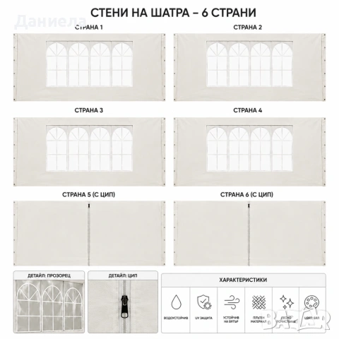 Градинска шатра 3x6 м водоустойчива - Парти палатка с 6 странични панела, прозорци и UV защита, снимка 10 - Градински мебели, декорация  - 54750349