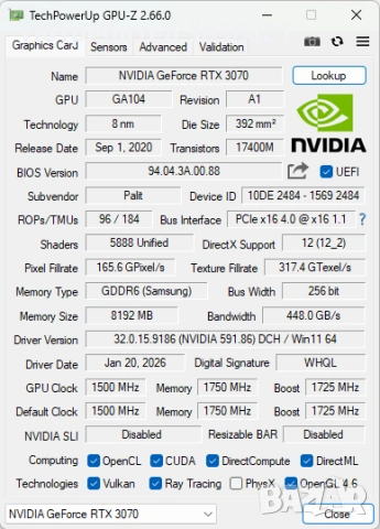 Запазена Palit RTX 3070 GamingPro x 8Gb, снимка 9 - Видеокарти - 54633727