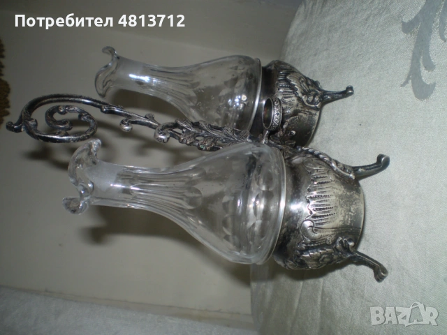 1900 г Масло оцет 2 кристални бутилки посребрена стойка, снимка 2 - Антикварни и старинни предмети - 54930185