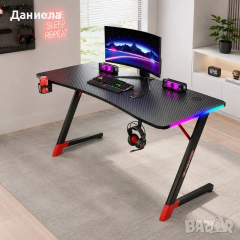 Геймърско бюро с RGB LED, Карбонов плот и поставки за чаша и слушалки – 120 см, черно