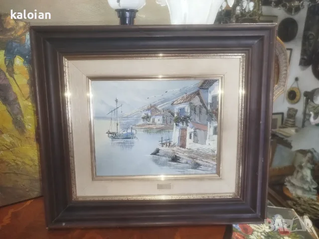 Стар морски пейзаж масло на платно. Подписана испанска творба с дървена масивна рамка , снимка 3 - Картини - 55475160