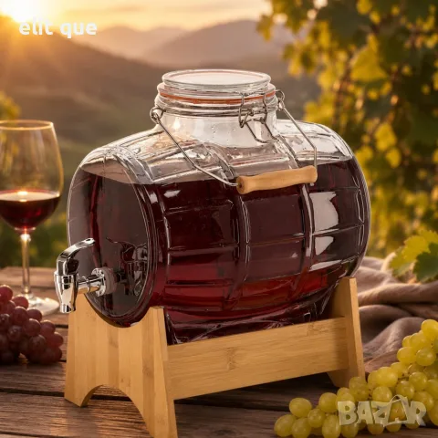 Стъклен диспенсър за напитки 8L, с кран и бамбукова поставка, снимка 2 - Аксесоари за кухня - 55457417