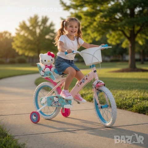 Детски велосипед Hello Kitty 16" с помощни колела, кошница и допълнително задно столче, снимка 3 - Детски велосипеди, триколки и коли - 54790309