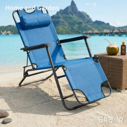 Сгъваем син шезлонг с възглавница - комфорт и релакс, снимка 2 - Градински мебели, декорация  - 54026598