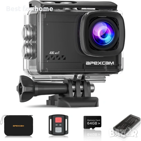 Apexcam 4K 60FPS 64MP EIS WiFi Екшън камера с 64GB карта памет, водоустойчива подводна камера
