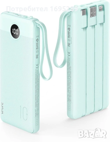 Преносима батерия (power bank) VRURC, модел T1116, с капацитет 10000 mAh и вградени кабели , снимка 2 - Външни батерии - 54722998