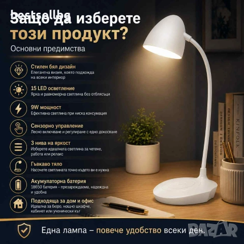 Стилна и мощна акумулаторна настолна нощна лампа с LED осветление мощност 9W три режима на сила на с, снимка 4 - Настолни лампи - 29096674