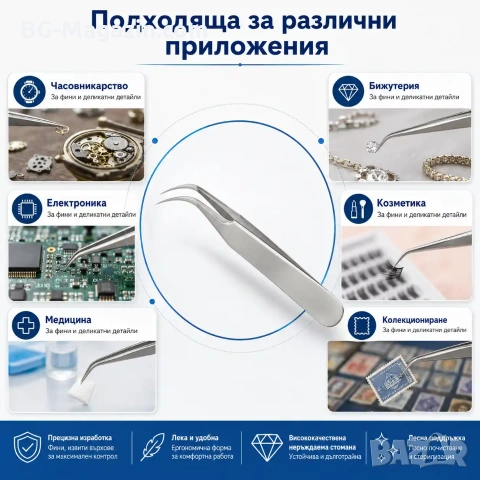 Професионална финна часовникарска пинсета с извит връх неръждаема инструмент за часовникари бижутери, снимка 7 - Други инструменти - 50987654