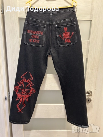 Мъжки / Унисекс streetwear дънки ”Heaven Can Wait” с бродерии, снимка 2 - Дънки - 55342281