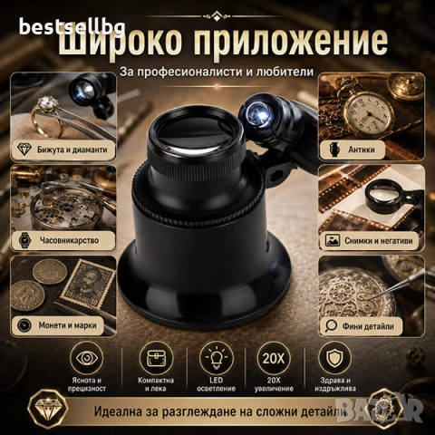 Професионална мощна лупа око 20X с лед осветление часовникарска бижута, снимка 4 - Други инструменти - 37247126