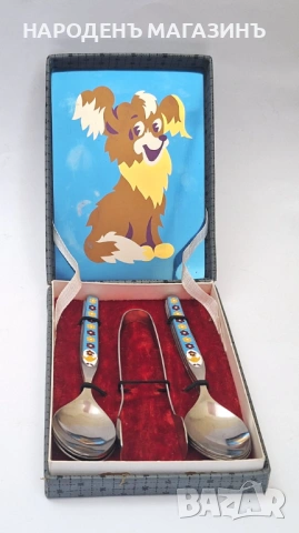 СССР - РЯДЪК детски комплект 6 лъжички за чай с емайлирани дръжки и щипка сервиз дете 