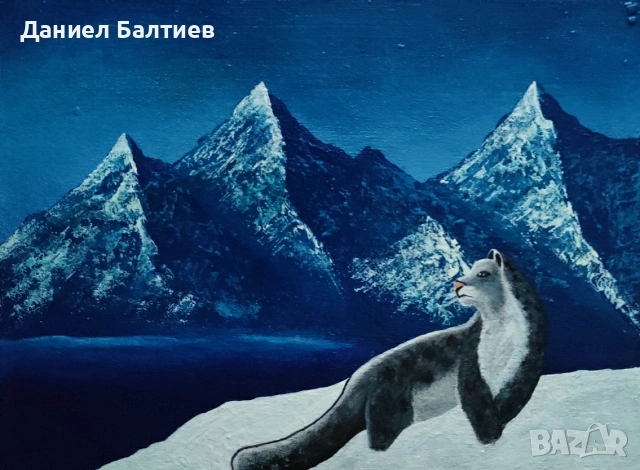Снежен Леопард • Ръчно рисувана картина - акрил върху пано | декорация за стена / подарък, снимка 3 - Картини - 54337207