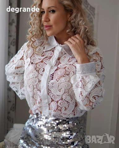 👚Ефектна Дамска Риза с Камъни на ръкавите и якичката , снимка 6 - Ризи - 54900143