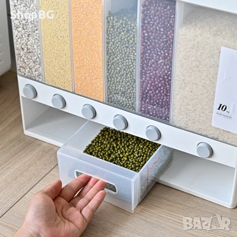 Стенен диспенсър за зърнени храни и ориз с 6 отделения „Cereal Dispenser, снимка 5 - Кутии за храна - 54863451