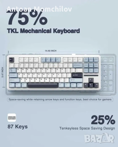 Механична клавиатура AULA F87 Wireless 75% TKL, снимка 3 - Клавиатури и мишки - 54827815