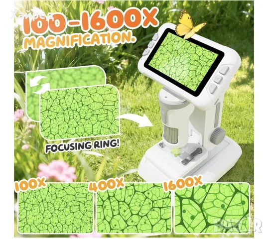 Уникален HEWEIMEI Детски цифров микроскоп 1600X с 4” LCD дисплей, 1080P, образователен комплект , снимка 2 - Образователни игри - 55342914