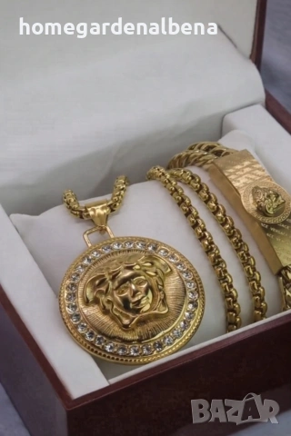 Луксозен мъжки комплект бижута — медальон, синджир и гривна