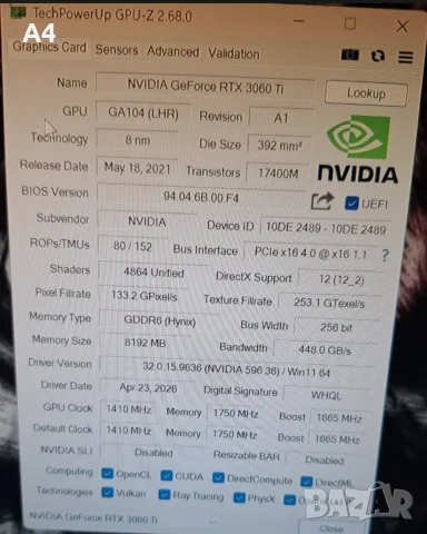 NVIDIA GeForce RTX 3060 Ti 8GB, снимка 3 - Видеокарти - 55614780