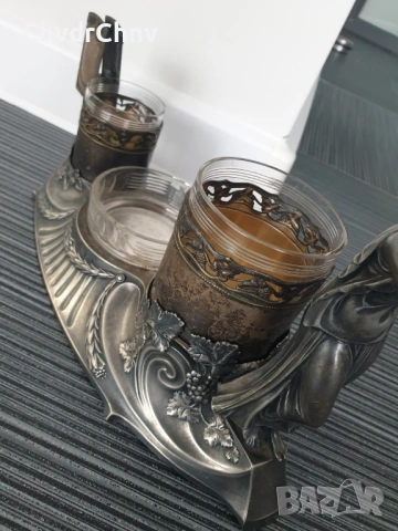 WMF комплект за пиене-пушене/стар ВМФ посребрен фигурален Арт Нуво комплект/чаши-пепелник-кибритник, снимка 4 - Антикварни и старинни предмети - 53950791