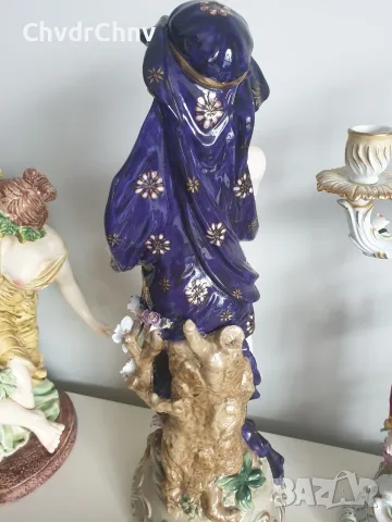 Meissen фигура 49см-2,4кг/еротика/Майсен порцеланова статуетка на момиче с цветя и бухал, снимка 5 - Статуетки - 55606482