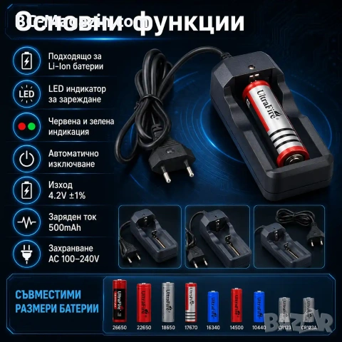 Евтино зарядно устройство за литиеви батерии 18650 16340 14500 26650 CR123 с кабел на ток нов модел, снимка 2 - Друга електроника - 51041520