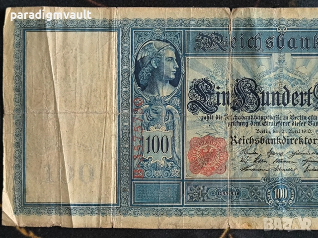 Райх банкнота - Германия - 100 марки | 1910г., снимка 2 - Нумизматика и бонистика - 54314754