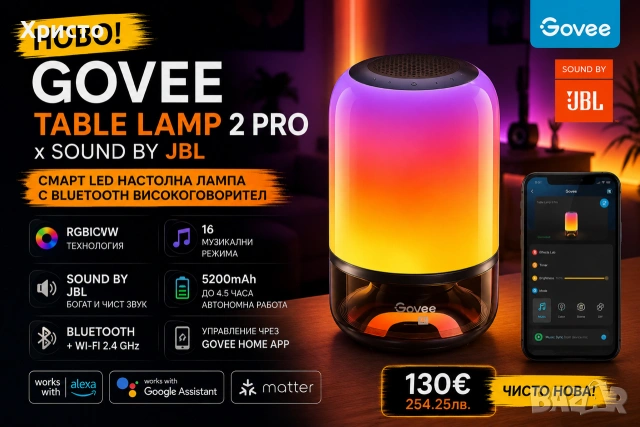 НОВО!!! Смарт LED настолна лампа с Bluetooth високоговорител Govee Table Lamp 2 Pro x Sound by JBL , снимка 5 - Тонколони - 55289989