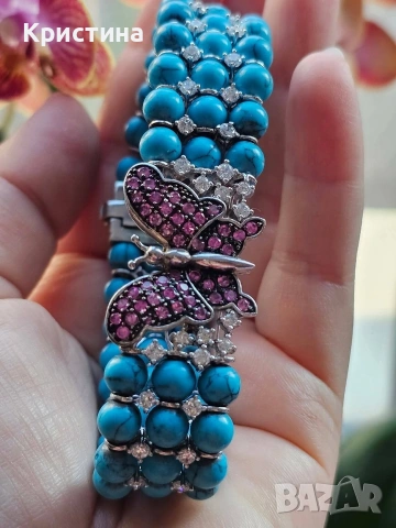 Уникална сребърна гривна с Тюркоази и Рубини, снимка 9 - Гривни - 54058793