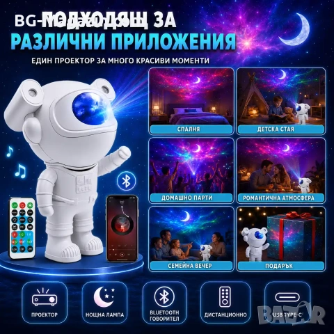 Лазерен звезден проектор Астронавт звездно небе нощна лампа с Bluetooth прожектирана на тавана деца, снимка 6 - Прожектори - 51049148