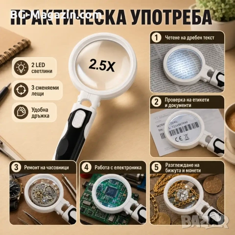 Увеличителна мощна ръчна лупа с LED осветление лампа дръжка различни сменяеми лещи четене бижута, снимка 7 - Други инструменти - 50920055