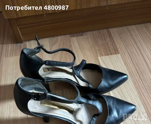 Tamaris черни кожени обувки на ток размер 36 употребявани с каишки , снимка 2 - Дамски обувки на ток - 55588151