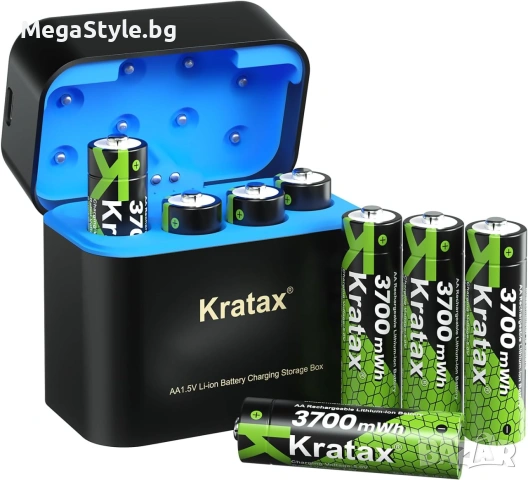 Акумулаторни литиево-йонни батерии Kratax AA, пакет от 8 броя със зарядно устройство