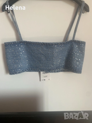 Нов дънков топ със стрази (камъни) Zara – размер M, снимка 3 - Рокли - 55185725