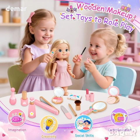 Детски дървен комплект за грим, играчки за 3-5-годишни момичета, 21 части, снимка 2 - Образователни игри - 54627226