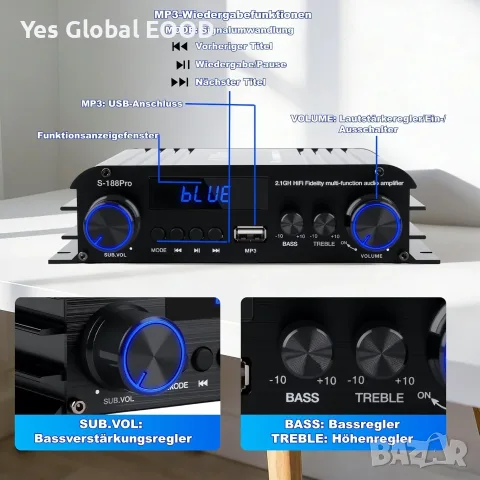Мини HiFi усилвател 2.1 Bluetooth 5.3, 1000W пикова, снимка 3 - Ресийвъри, усилватели, смесителни пултове - 55449744