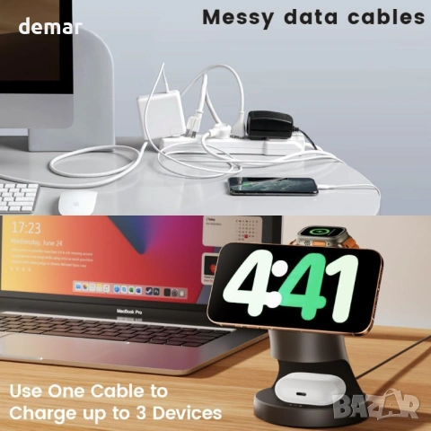 3-в-1 безжична зарядна станция за Apple устройства, съвместимо с MagSafe зарядно, снимка 4 - Безжични зарядни - 54514747