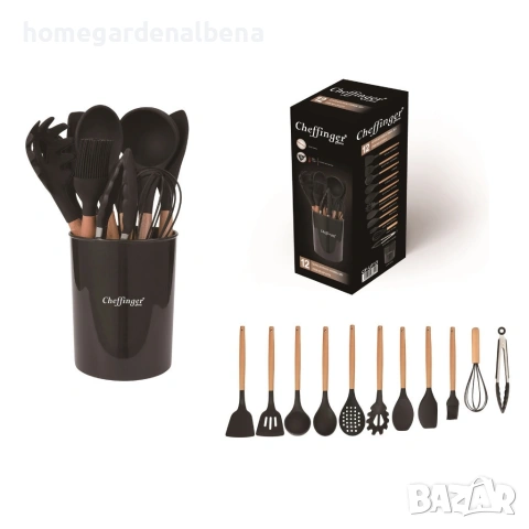 Комплект кухненски прибори Cheffinger 12 части силикон дървени дръжки термоустойчиви , снимка 7 - Прибори за хранене, готвене и сервиране - 54165838