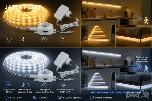 5м LED лента със сензор за движение PIR – автоматична светлина за домът, обхват 3м, 220V, IP65