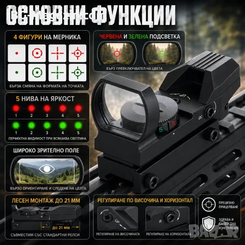 Тактически бързомер прицел с 4 фигури мерник бързомерец за въздушна пушка пистолет лов еърсофт, снимка 2 - Оборудване и аксесоари за оръжия - 51051709