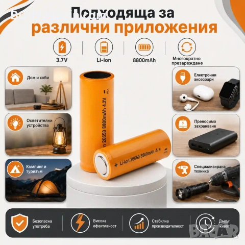 Мощна акумулаторна литиева батерия 26650 3.7V 8800mAh презареждаща се за фенр прожектор челник, снимка 3 - Друга електроника - 51102995