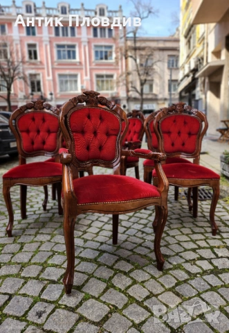 Комплект от 6 трапезни стола с червена плюшена дамаска, снимка 3 - Столове - 53983502