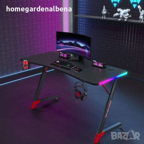 Геймърско бюро 140x60x75 см, RGB LED осветление, карбонов плот, поставка за чаша и слушалки, черно