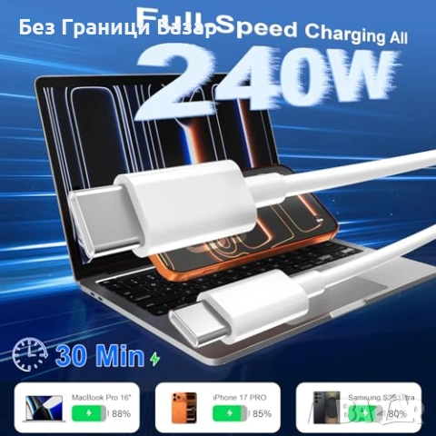Нов Комплект 2 броя Type-C кабели 240W PD 1M и 2M бързо зареждане за iPhone Samsung MacBook iPad, снимка 2 - Селфи стикове, аксесоари - 54566692